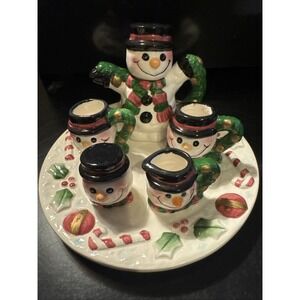 Vtg Mini Miniature Holiday Treasures Tea Pot Cups Set 8-piece Snowman